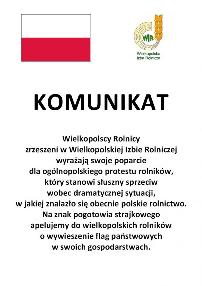 Komunikat Wielkopolskiej Izby Rolniczej