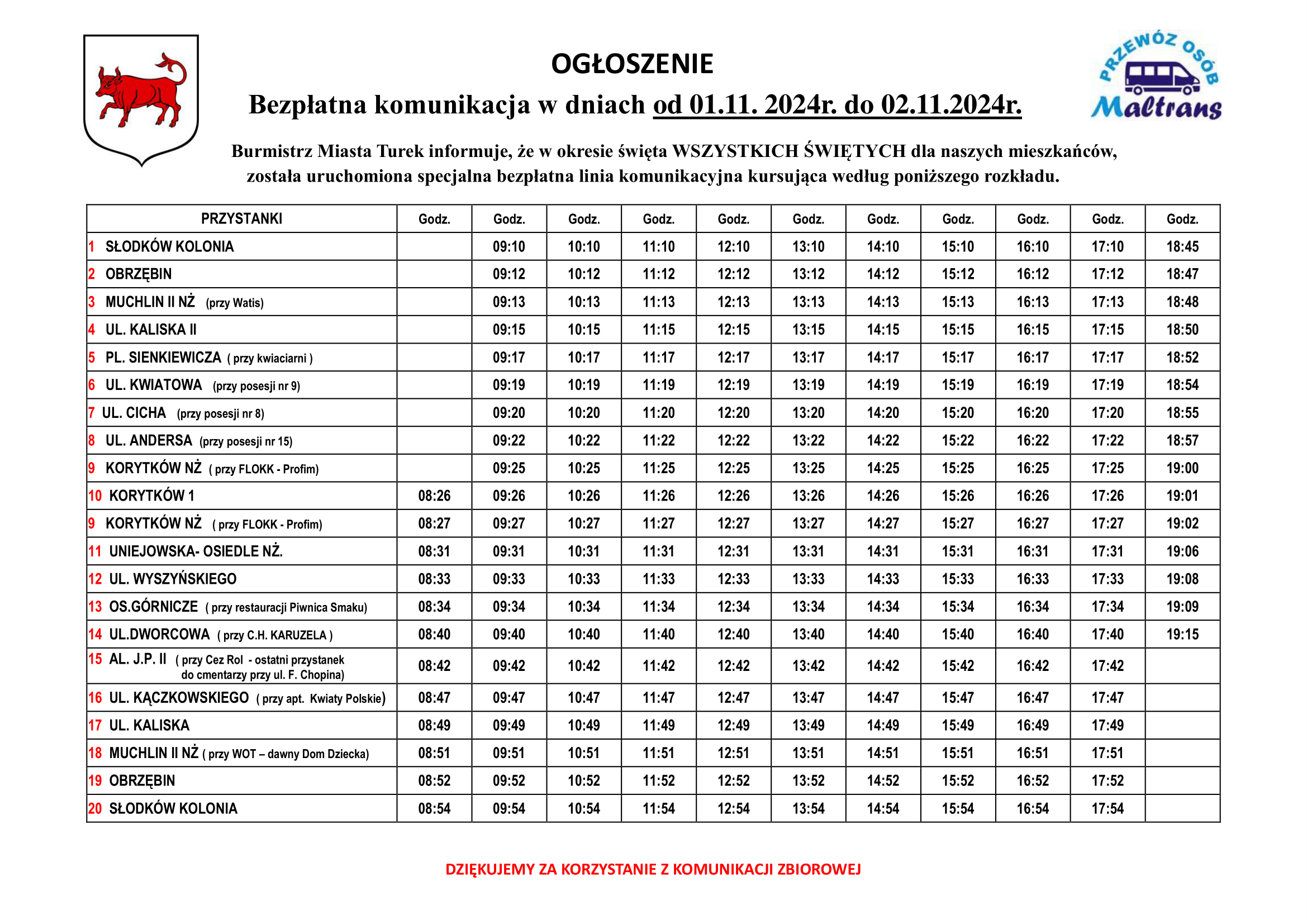 Ogłoszenie rozkład jazdy