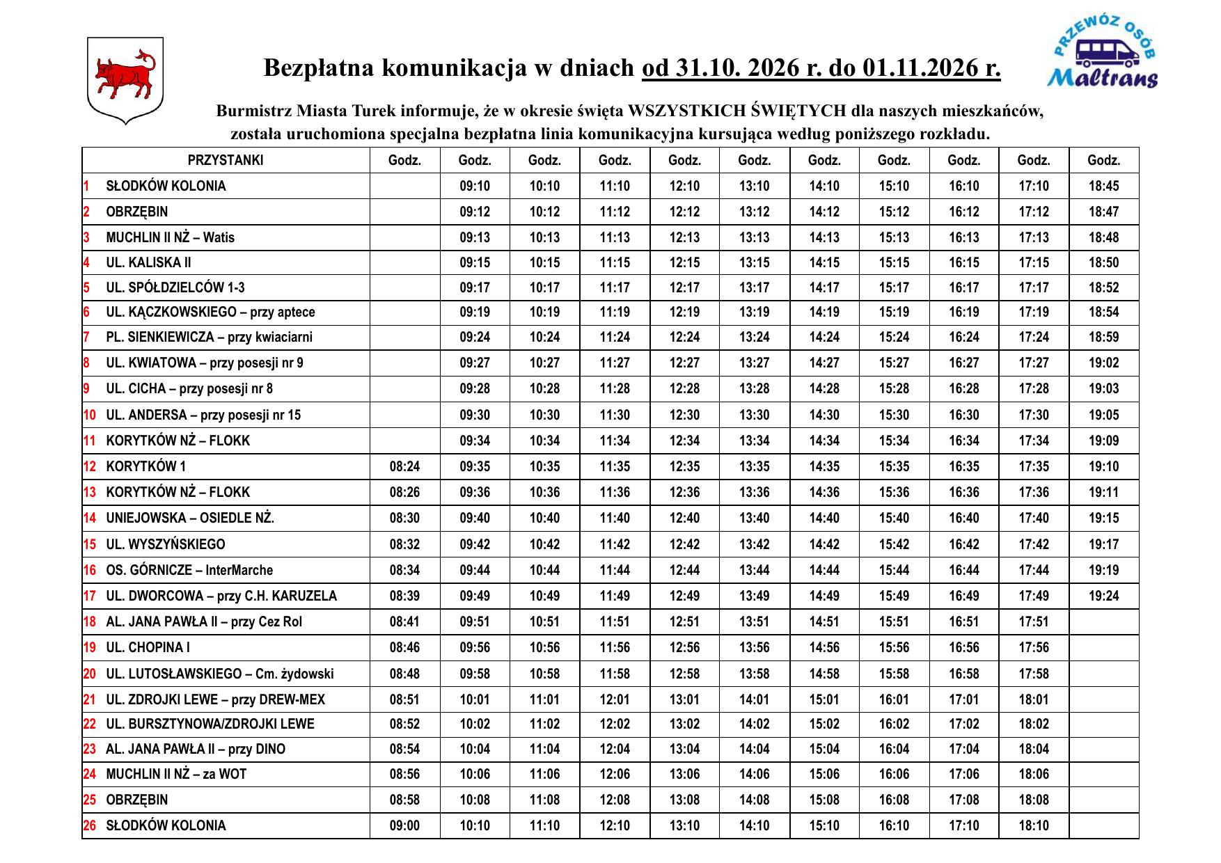 2026 rozkład jazdy wszystkich świętych 29.10